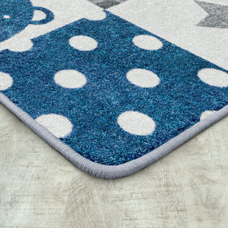 Tapis bleu / gris / blanc touffeté en patchwork, Rectangle 7 pi 8 po x 10 pi 9 po