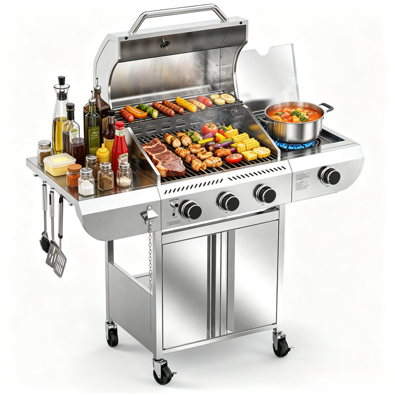 R.W.FLAME 3 - Burner Stainless Steel Gas Grill with 1 Side Burner & Dual Brake Universal Wheels, 34,000 BTU Liquid Propane Gas Grill, Ideal for Outdoor Grilling & Backyard Use