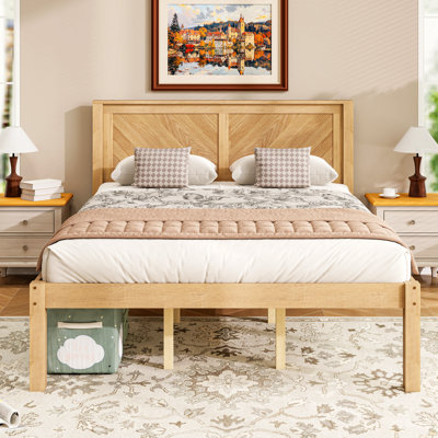 Queen Size Solid Wood Platform Bed Frame With Herringbone Wood Headboard, Farmhouse Chevron Panel Bed, Under Bed Storage Clearance, No Box Spring Needed, Natural Oak Finish