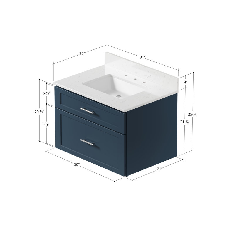 Meuble-lavabo mural simple flottant 30 po avec comptoir en quartz Carrara, Bleu