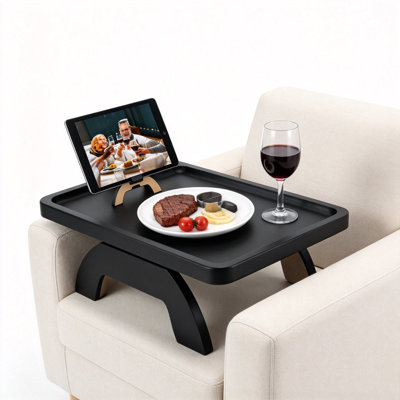 Large Acacia Wood Sofa Arm Tray Table With 360° Rotated Phone Holder (Black)