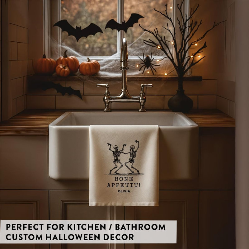 Custom Halloween Kitchen Towel, Personalized Bone Appetit Skeletons Cotton Flour Sack Dish Cloth, Yes