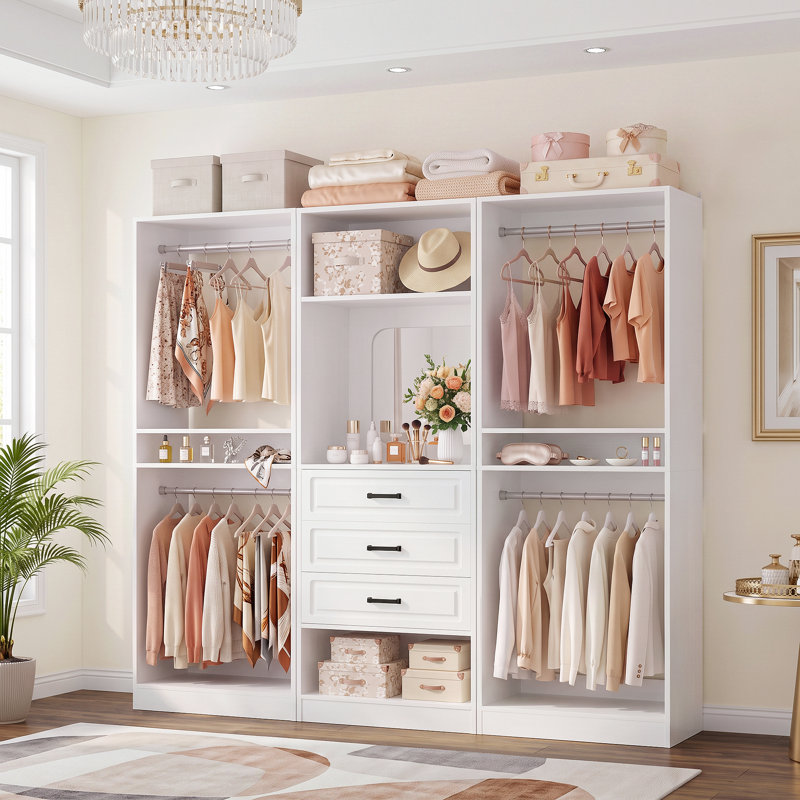 Freestanding Closet System with Drawers, Adjustable Closet Organizer with Hanging Rods and Shoe Racks, White