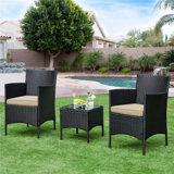  Ensemble de meubles en rotin 3 pièces avec plateau en verre trempé et 2 chaises rembourrées