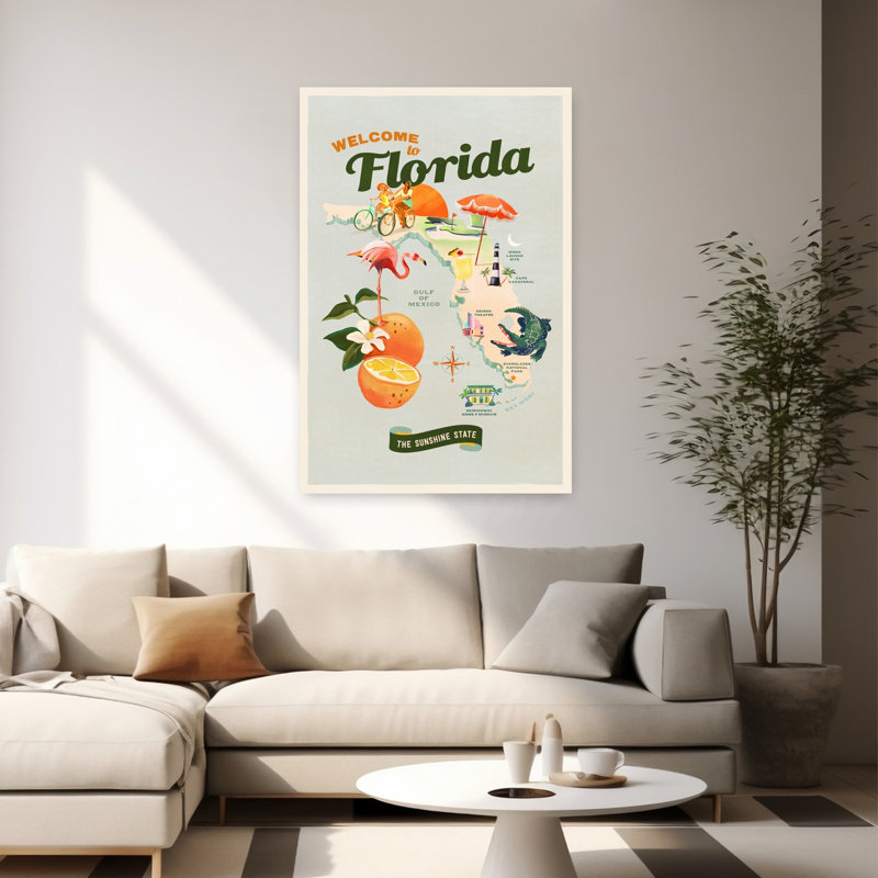 Floride, rétro, alligator, flamant rose, plage, art mural tropical, H 60 po x l 40 po
