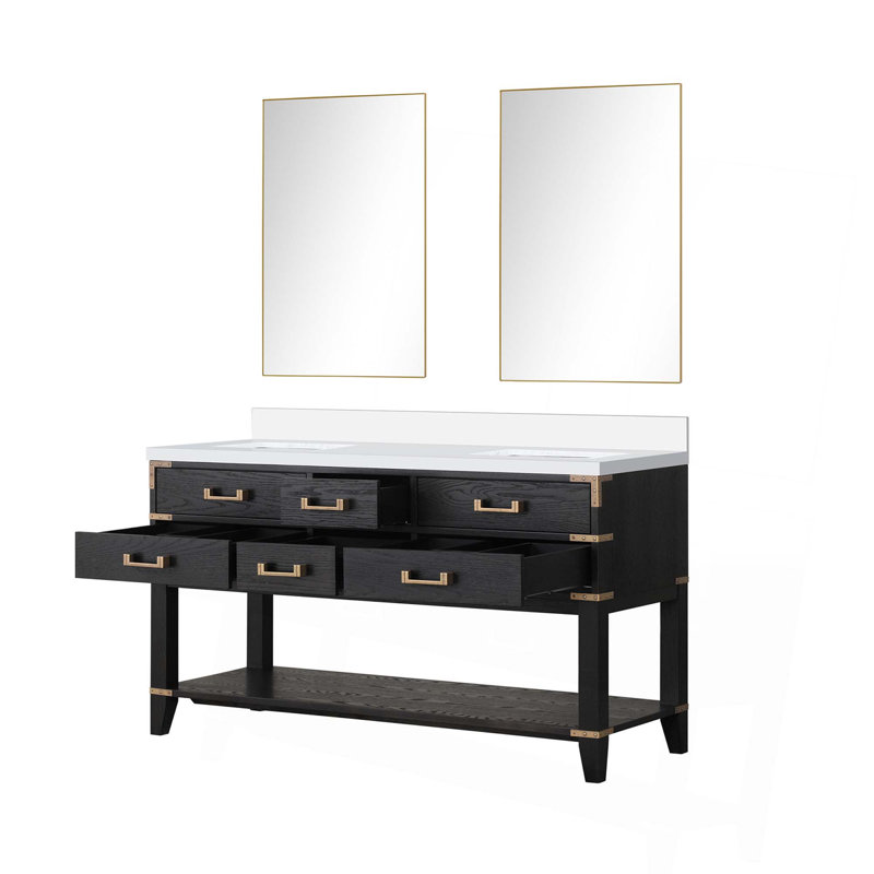Meuble-lavabo double avec miroirs et tablette ouverte, 60"