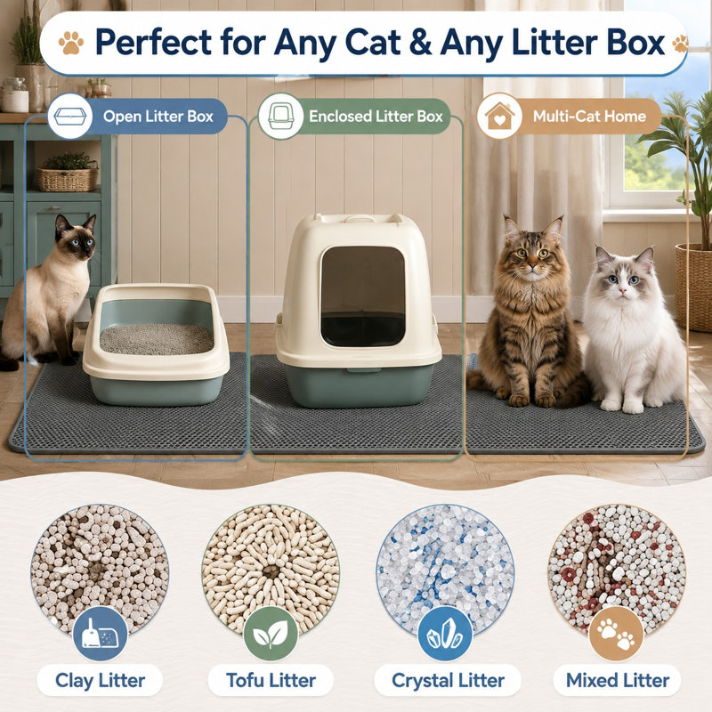 Gray 23.6 x 17.7 in honeycomb litter mat with a double-layer build that is urine-proof, non-slip, durable, easy to clean, paw-friendly, safe, and odorless while fitting litter boxes.