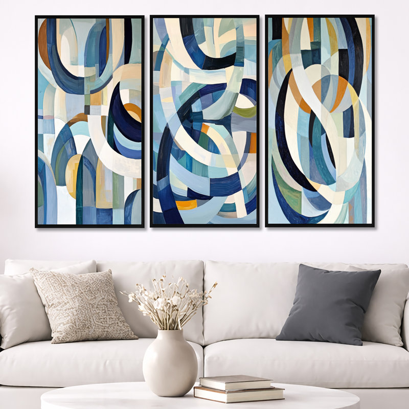 «Cubist White Blue Reality I», art géométrique abstrait encadré, 3 pièces, 40" H x 60" W, Black Floater Framed