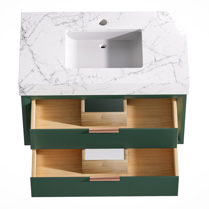 Meuble-lavabo mural simple en bois massif 36 po avec comptoir en pierre et lumière, Vert