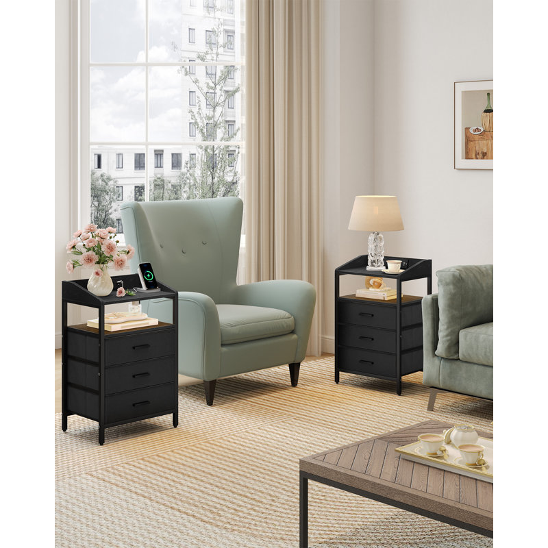 Bedside Table with LED Lights and Charging Station, Bedside Cabinet with 3 Fabric Storage Drawers and Shelves, Nightstand with USB Ports & TypeC for Bedroom, Livingroom 