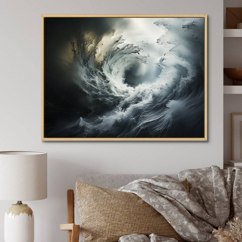 «Gray Abstract Whirlwind Storm II», impressions d'art mural, H 24 po x l 32 po x P 1 po, Cadre naturel flottant