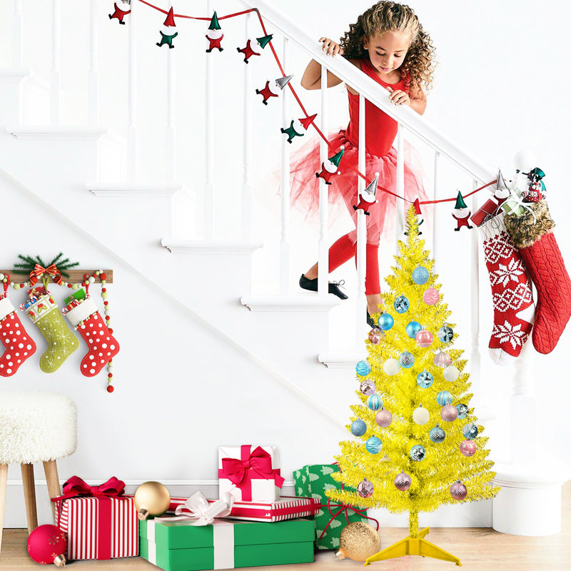 Arbre de Noël artificiel doré 4 pi avec 50 lumières et base pour petit bureau