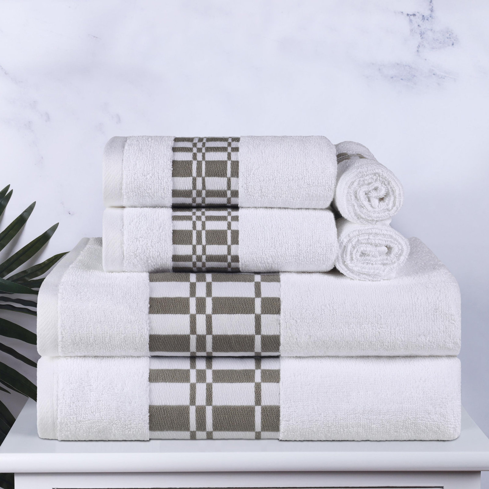 Mikira 6-Piece Geometric Border Towel Set, White/Gray