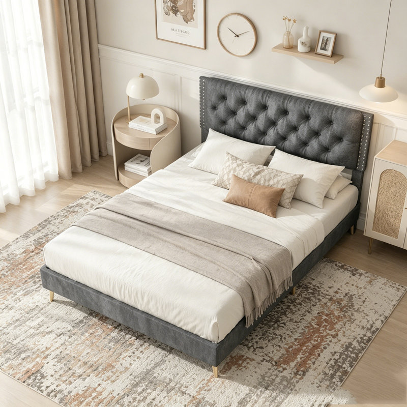 Structure de lit en velours, Lit double, Gris