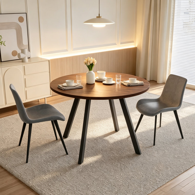 Ensemble de table de salle à manger ronde, table de cuisine moderne avec chaises, 3 pièces: table, 2 chaises, Tanné, Gris