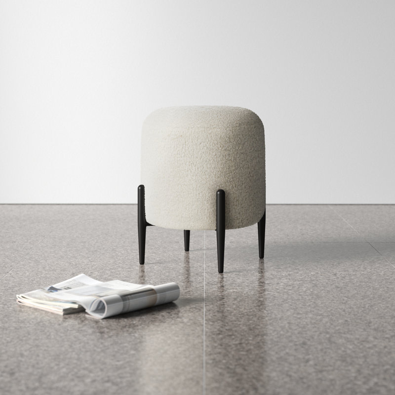 White Faux Shearling Round Ottoman with Black Metal Legs