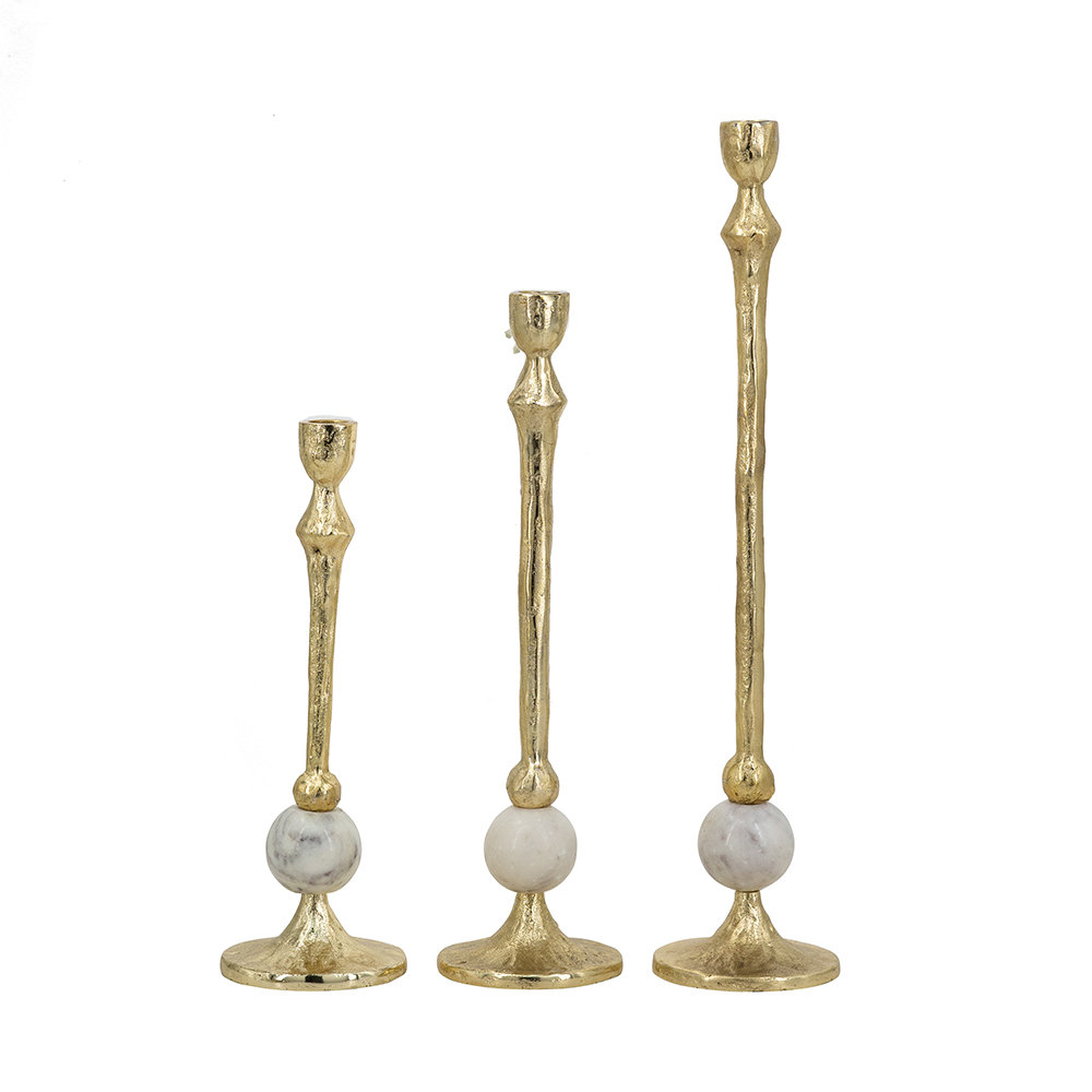 S/3 Gold Aluminum Taper Candle Holders With Round White Marble Accents L:D4x18" M:D4x14.5" S:D4x11.5"