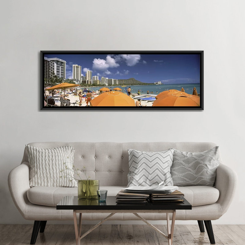 «Panoramique, Waikiki Beach, Honolulu, Oahu, Hawaï 2010», reproduction de photo panoramique sur toile, Cadre noir