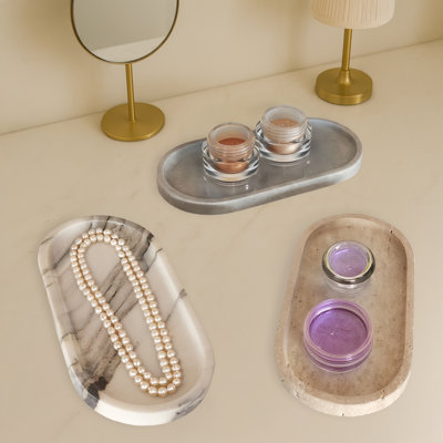 3 Pieces 100% Marble Oval Bathroom Tray Set