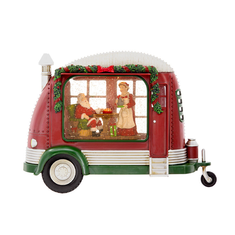 Camper With Mr & Mrs Santa Tea Time LED/Water Spinning/2 Way Switch - 11.3" X 4.4" X 8"H - Red/White/Green