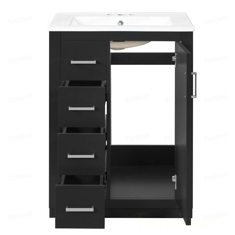 Meuble-lavabo avec lavabo en céramique intégré, armoire de salle de bain à 1 porte, 3 tiroirs, meuble-lavabo simple pour petite et moyenne salle de bain