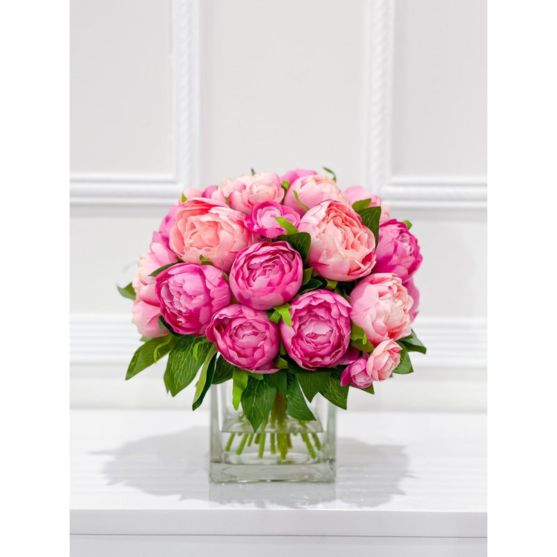 Fuchsia Pink Modern Fuchsia Peonies In Glass Vase – Luxury Faux Flowers For Home Decor, Fuchsia Pink