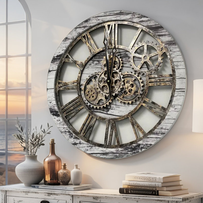 Horloge murale ronde surdimensionnée de 24 po pour le salon avec la collection America, Gris / blanc