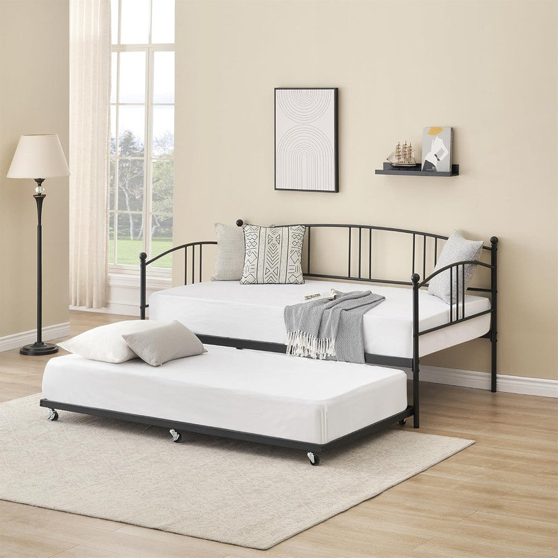 Twin Daybed with Trundle & Arched Headboard, Sturdy Metal SofaBed for Living Room & Guest Room