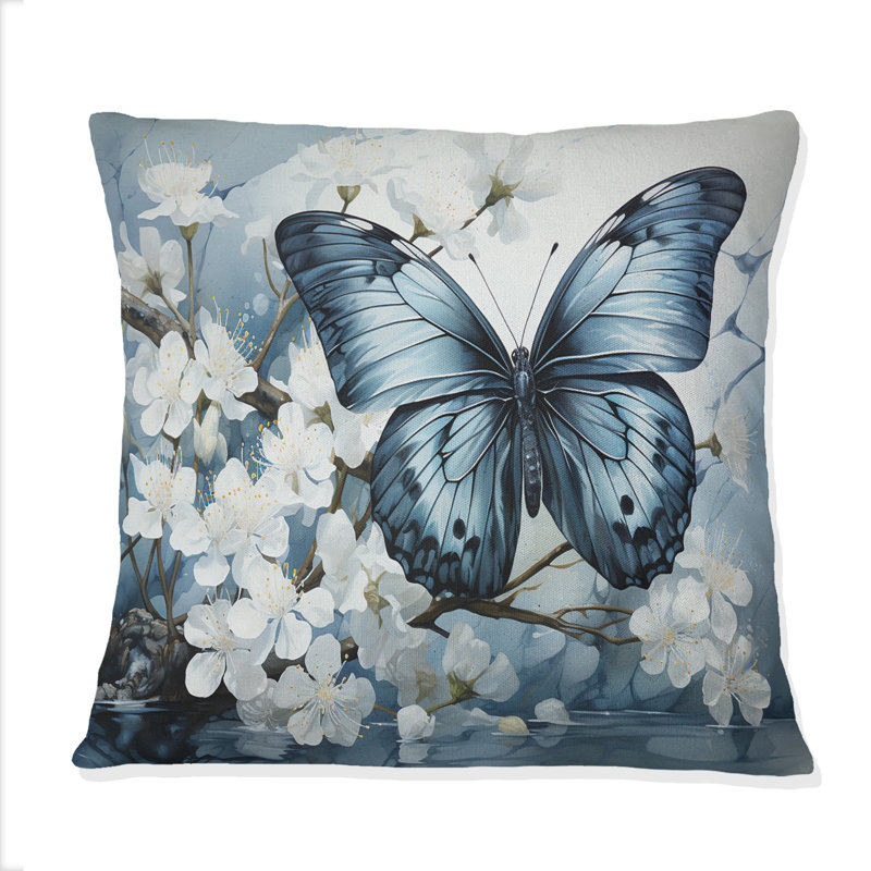 Coussin décoratif à imprimé papillon bleu et blanc