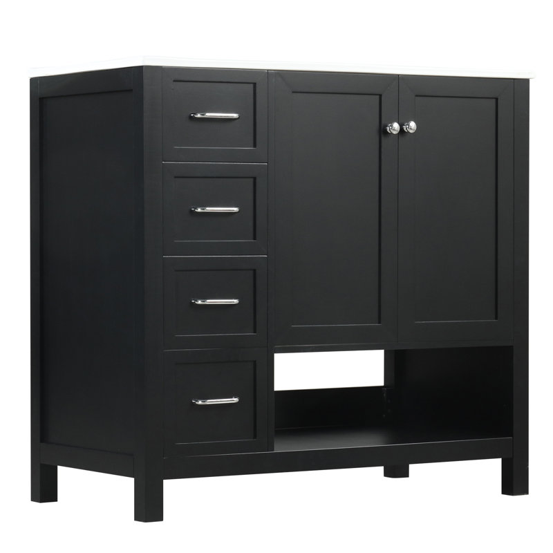 Meuble-lavabo moderne de 36 po, noir avec lavabo, bois massif et fabrication, deux portes et tiroirs, lavabo en céramique, planches d'apparence élégantes, lavabo, style contemporain