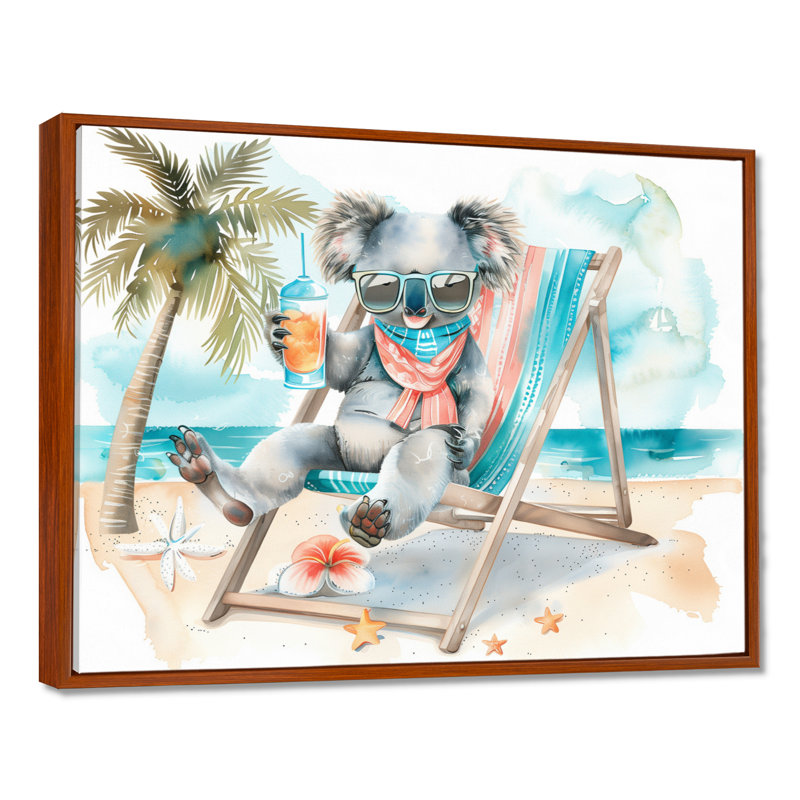 Mignonne plage de koala relaxante - salon d'art mural animal côtier, Toile avec cadre flottant brun