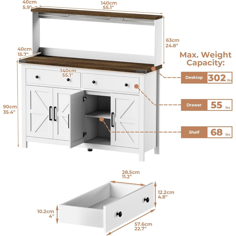 White MDF Farmhouse Coffee Bar Cabinet with Charging Station and Barn Doors
