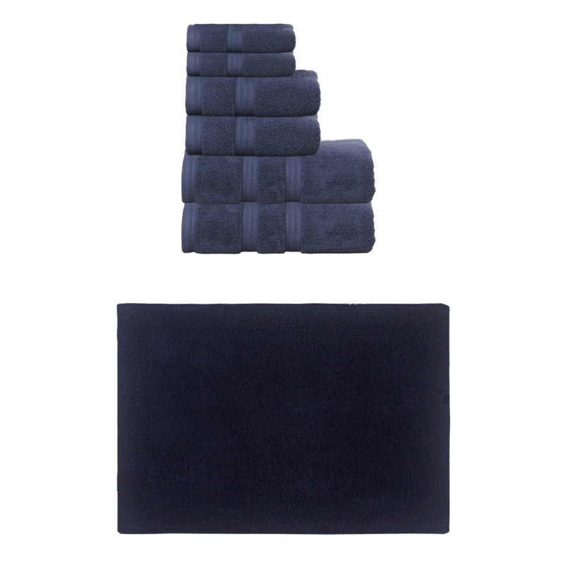 Buariki Collection 100% Soft Cotton Bath Towel Set & Bath Rug Reversible, 7 Piece Towel Set, Navy Blue