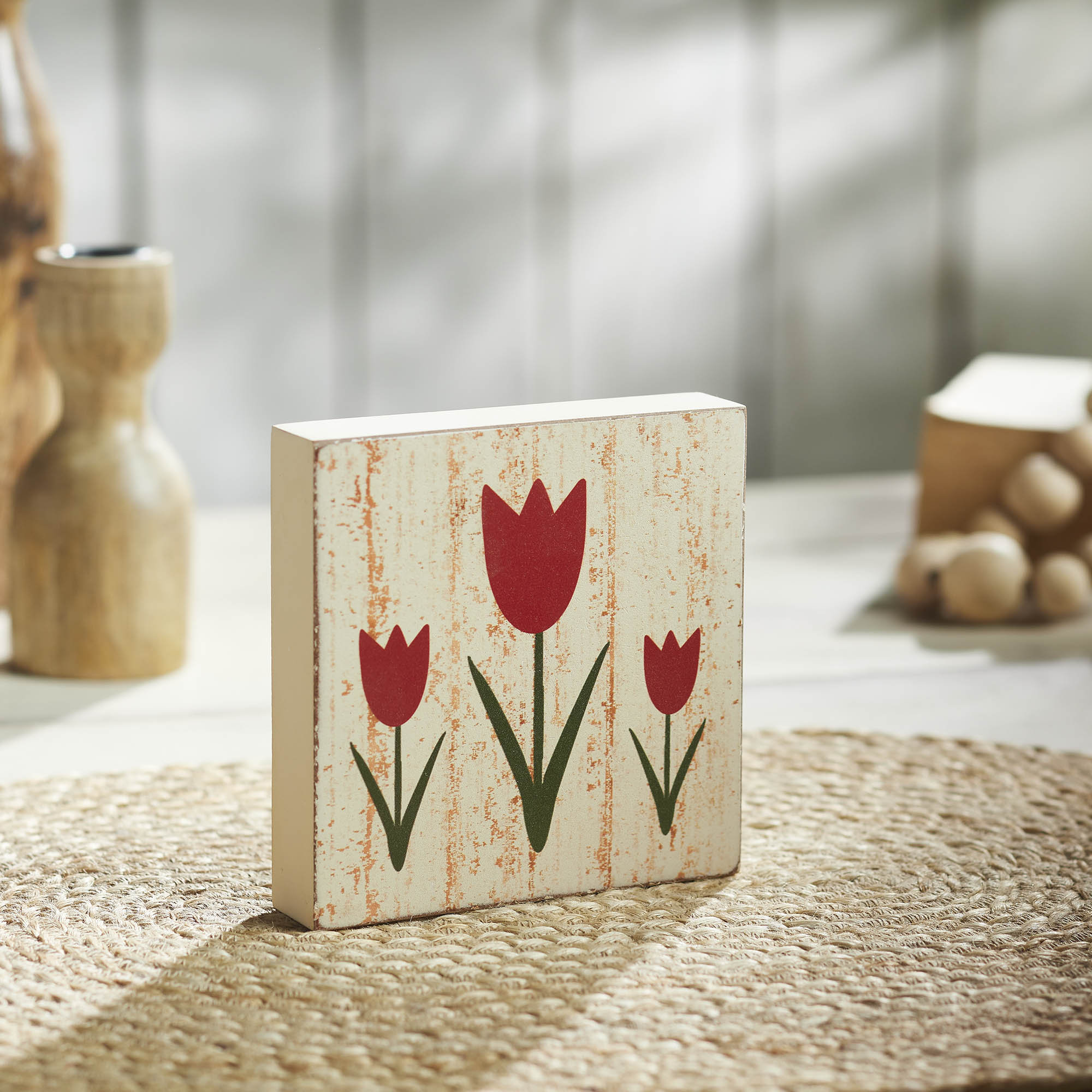 VHC Brands Spring In Bloom Red Tulips Distressed Antique White MDF ...