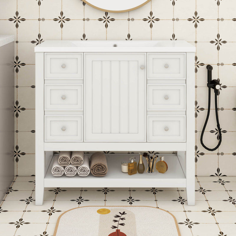 Base de meuble-lavabo 36 po seulement sans lavabo, base de meuble seulement, meuble-lavabo avec armoire et 3 tiroirs, Blanc