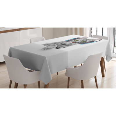 Music Tablecloth, Funny Short Hair Cat Listening To Music With Headphones Kitten Animal Art Print, Rectangular Table Cover For Dining Room Kitchen Decor, 52" X 70", Grey White
