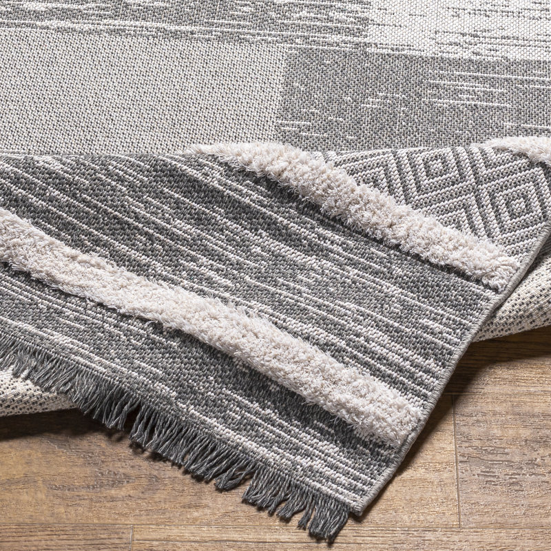 Tapis gris en coton tissé à la machine à motif abstrait Himzo, Rectangle 6 pi 4 po x 9 pi
