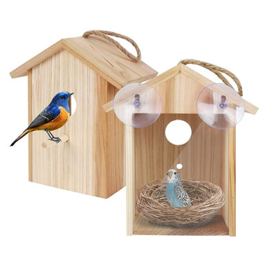 2 Pack Window Bird Houses For Outside With Suction Cups,See Through Wooden Birdhouses With Pole For Windows,Can Painting Bird Nesting Box For Bluebird Finch Chickadee,Clear Birds Feeder