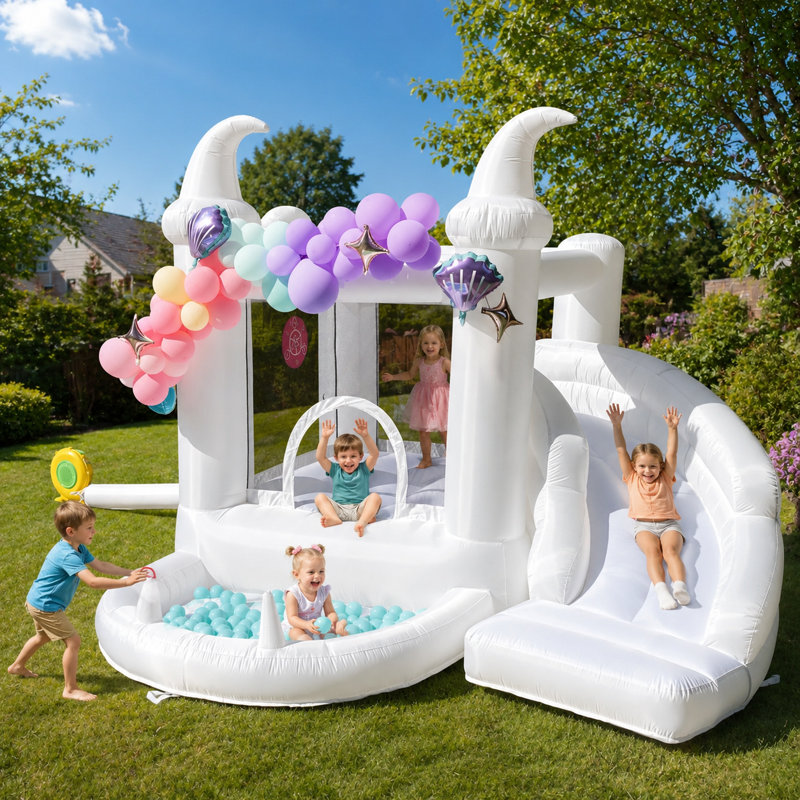 Château gonflable blanc avec toboggan et château de fosse gonflable avec souffleur d'air