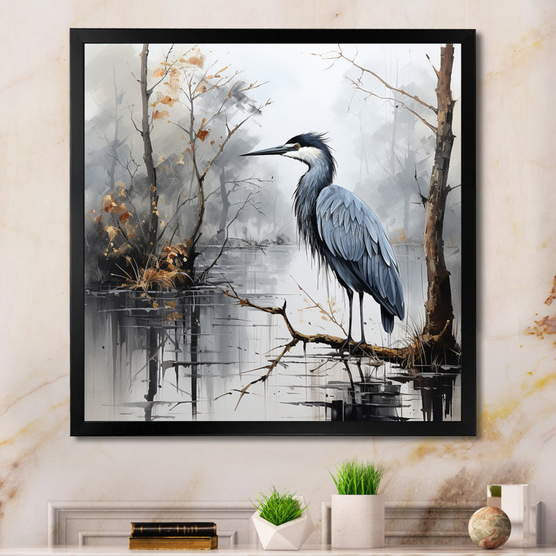 Heron Solitary Reflections Pointillism III - Animals Wall Art Prints, Cadre simple noir, H 36 po x l 36 po x P 1,5 po