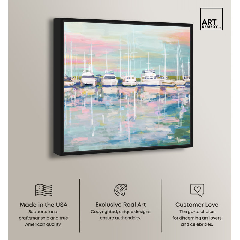 Coastal Dock Boats Print on Canvas with Black Frame
