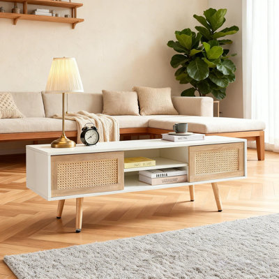 Console de télévision blanche, pieds en bois massif, portes coulissantes doubles, tablette ajustable pour le divertissement à domicile, taille tissée de 53,58 po, tablette, blanc, élégance de salon