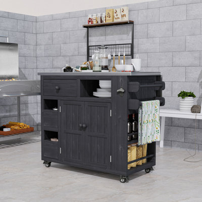 Outdoor Kitchen Cart with Expandable Stainless Steel Countertop, Rolling BBQ Prep Table with Spice Rack