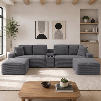 125" U-Shaped Modular Sectional Sofa with 2 Ottomans, Deep Seat Corduroy Cloud Couch with Cup Holders, Storage and USB Charging Ports