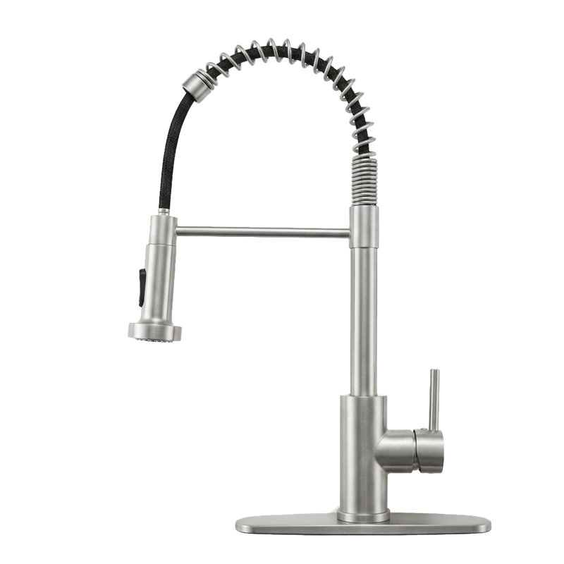 Robinet de cuisine industriel à bec simple avec douchette extractible, Nickel brossé