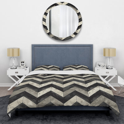 Ensemble de housse de couette moderne à motif de chevrons beige et noir V