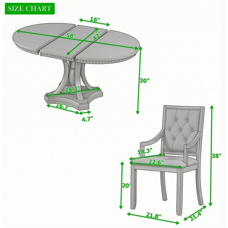 Ensemble de table de salle à manger ronde extensible rétro en chêne avec quatre fauteuils rembourrés, Antique Grey