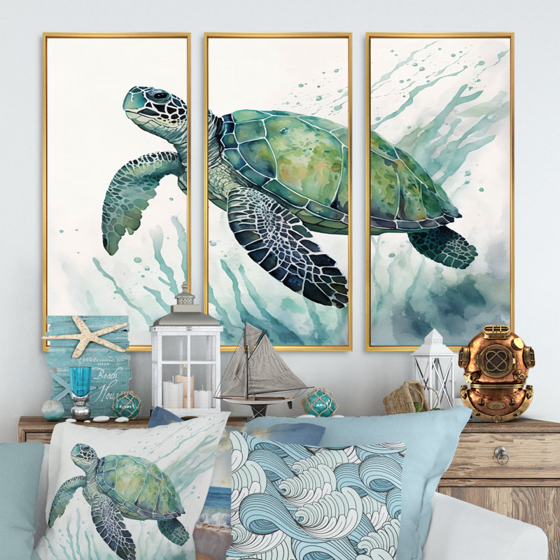 Tortue aquarelle nageant IV - 3 pièces sur toile, H 32 po x l 48 po x P 1 po, Toile à cadre flottant doré