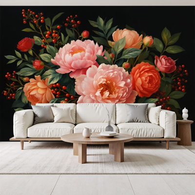 Papier peint à peler et coller Élégante pivoine rose Bouquet de fleurs Feuilles vertes, décorations murales d'été foncé H 69 po x l 96 po, papier mural amovible en PVC auto-adhésif pour chambre à coucher, salon, bureau à domicile