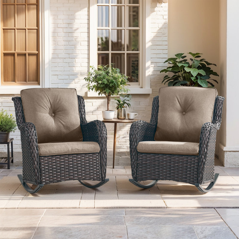 Ensemble de chaises berçantes d'extérieur en osier avec coussins 2 pièces Dahlyla, Gris, Brun